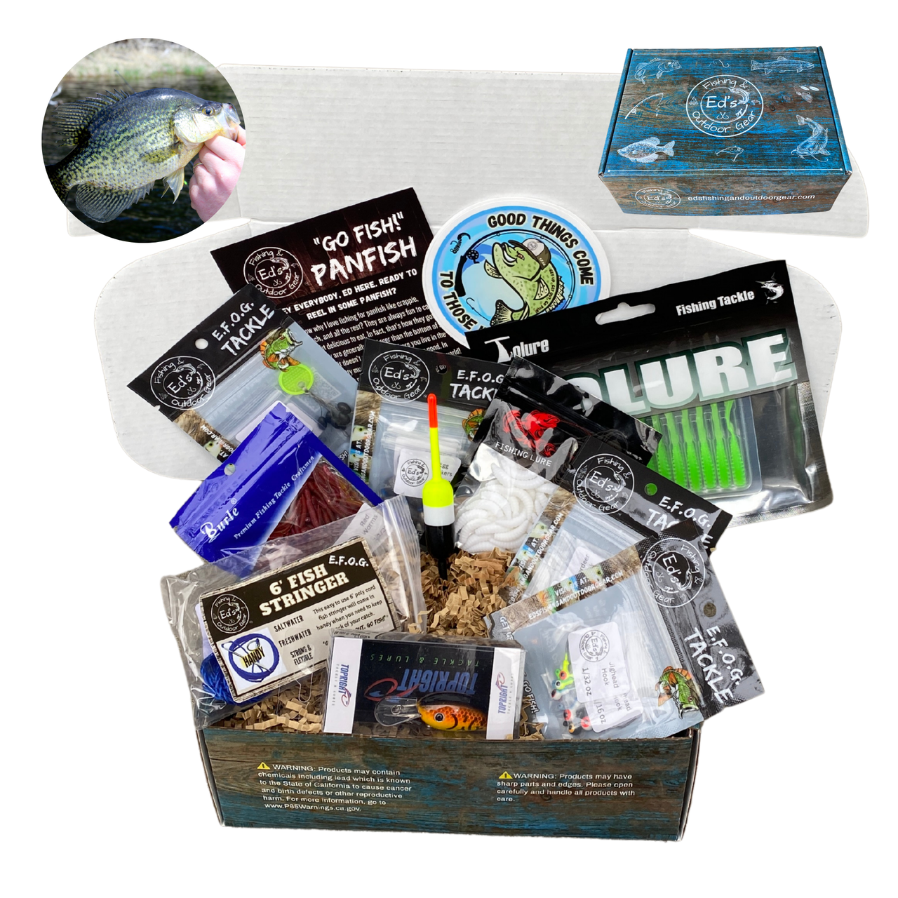 E.F.O.G.'s GO FISH! Panfish Fishing Box, Freshwater Fishing Lures, Crappie Fishing Gear, Crappie Tackle Kit, Fishing Gift Box