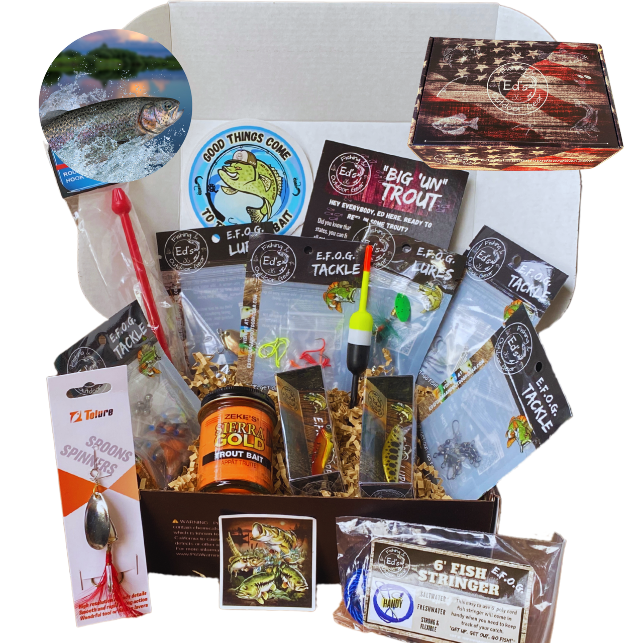E.F.O.G.'s BIG 'UN Trout Fishing Box, Freshwater Fishing Lures, Trout Fishing Gear, Trout Tackle Kit, American Flag Edition