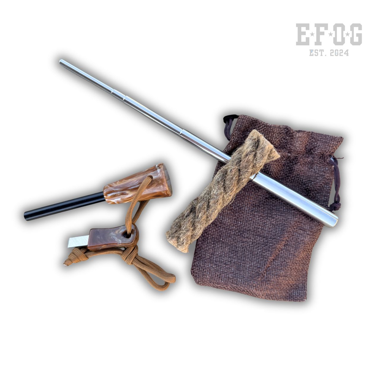 Complete Ferro Rod Fire Starter Kit with Pocket Bellow, Waxed Hemp Rope & Bag, Bushcraft Survival Gear, Outdoor Camping Gift for Him