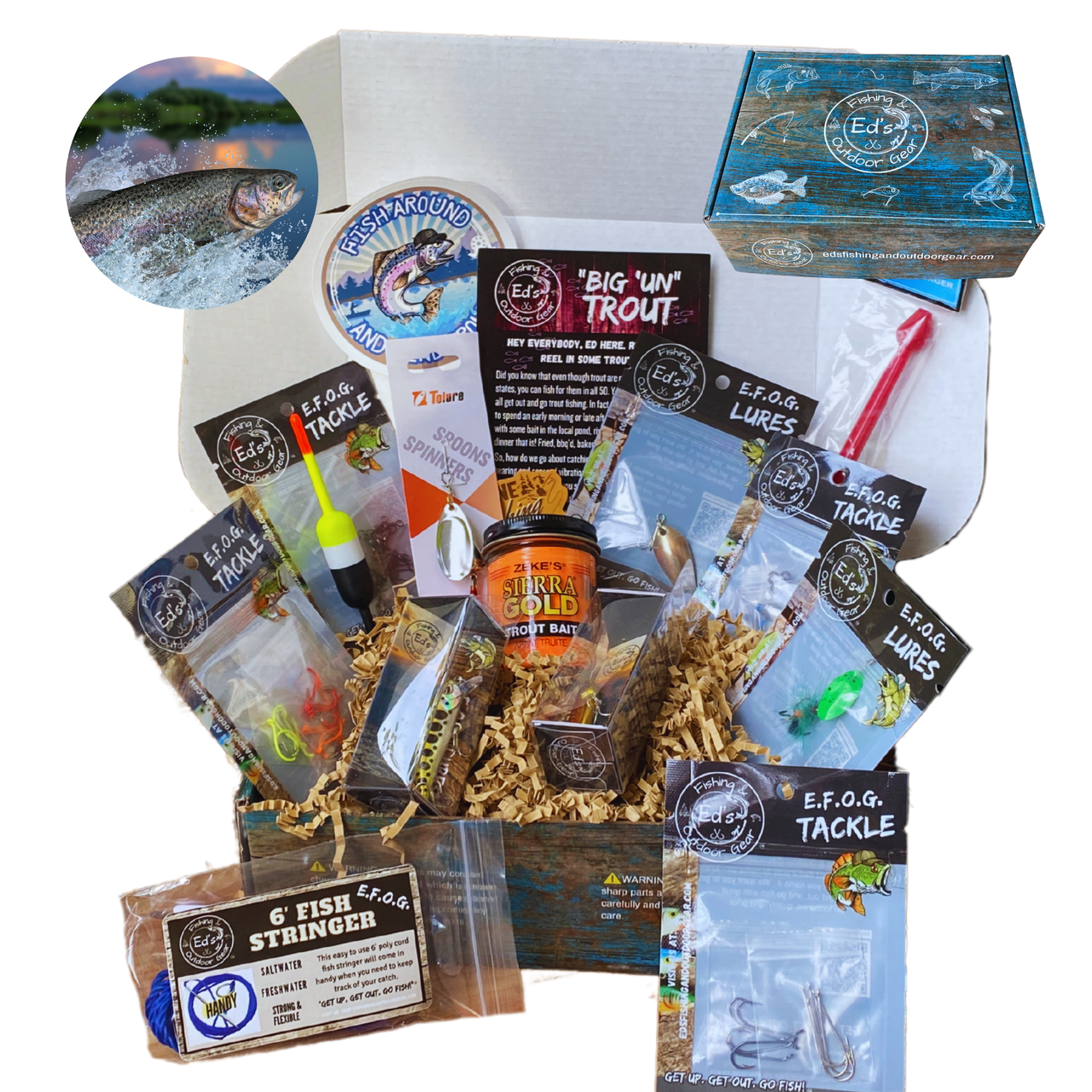 E.F.O.G.'s BIG 'UN Trout Fishing Box, Freshwater Fishing Lures, Trout Fishing Gear, Trout Tackle Kit, Fishing Gift Box
