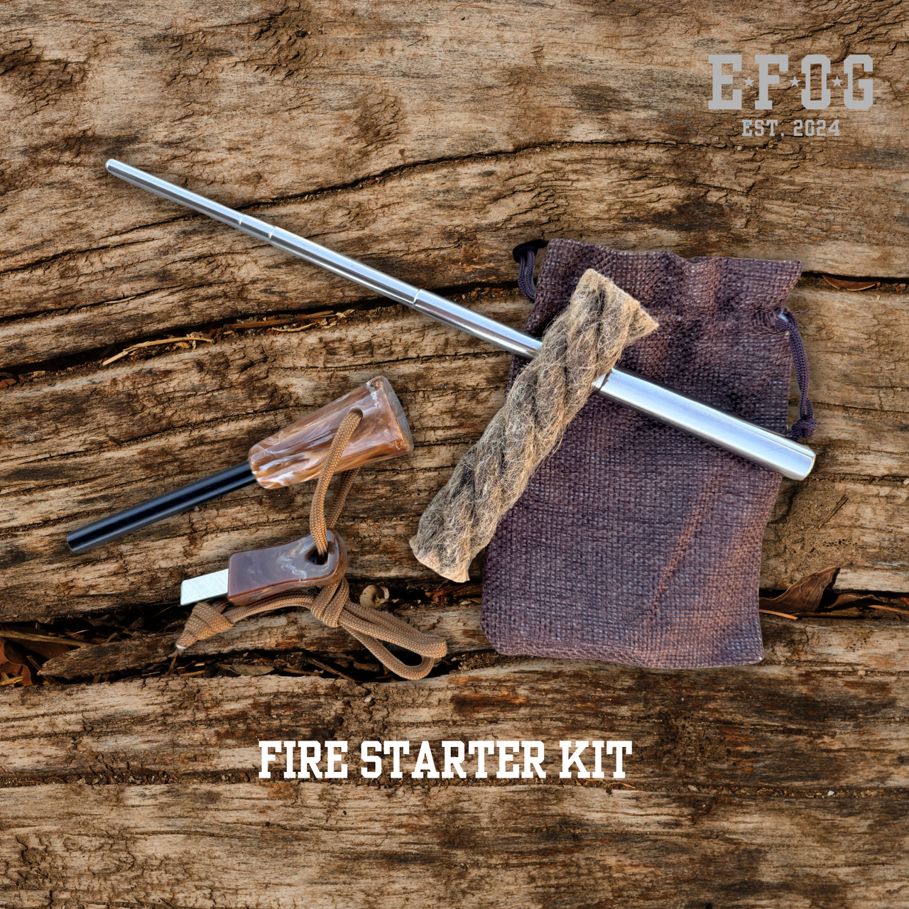 Complete Ferro Rod Fire Starter Kit with Pocket Bellow, Waxed Hemp Rope & Bag, Bushcraft Survival Gear, Outdoor Camping Gift for Him
