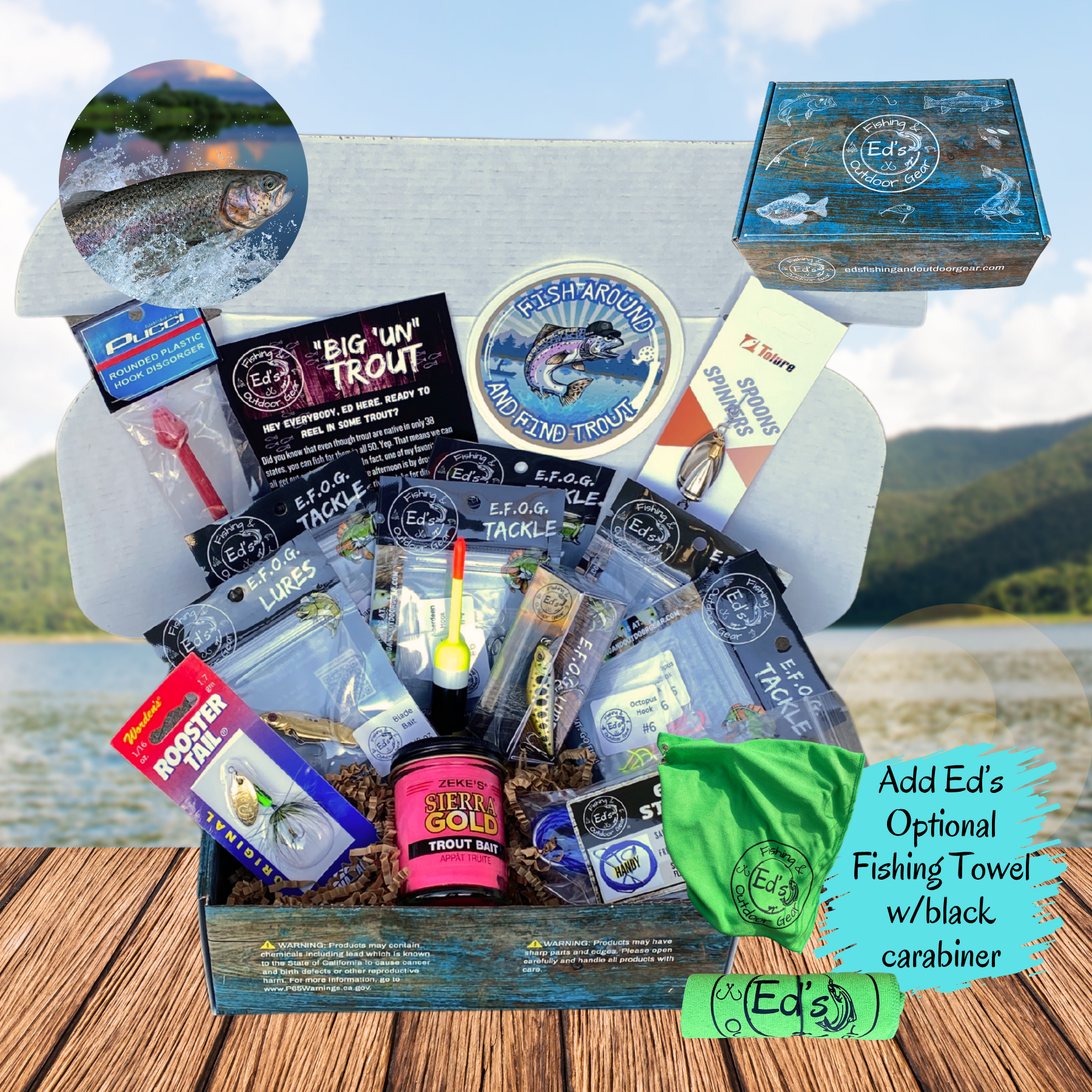 complete pre stocked freshwater tackle box Ed's Freshwater Trout Fishing Gift Box, 12-13+ types of Premium Lures