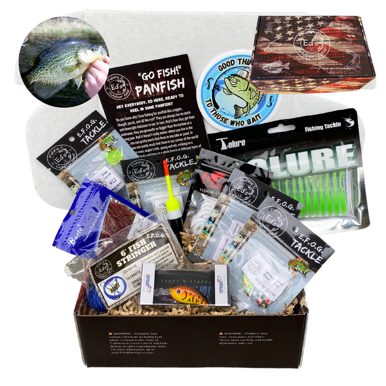 E.F.O.G.'s GO FISH! Panfish Fishing Box, Freshwater Fishing Lures, Crappie Fishing Gear, Crappie Tackle Kit, American Flag Edition